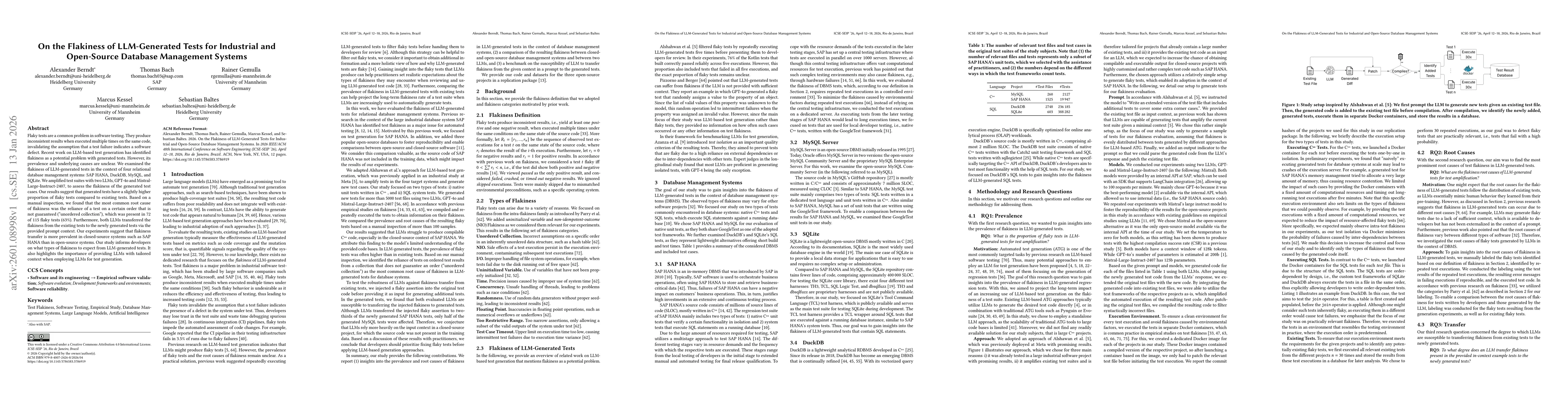 Thumbnail for On the Flakiness of LLM-Generated Tests for Industrial and Open-Source Database Management Systems