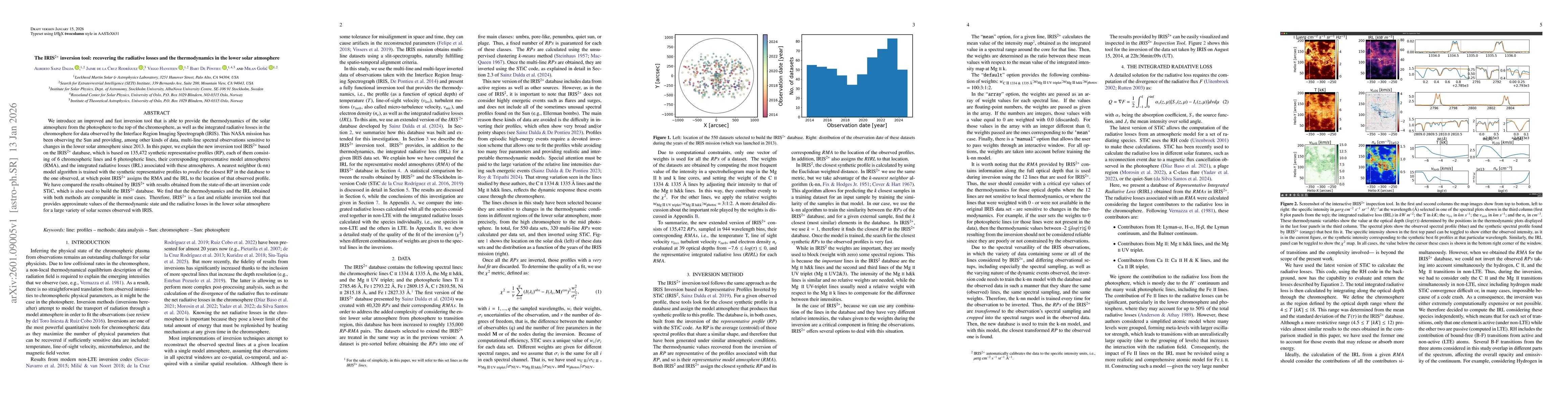 Thumbnail for The IRIS$^{2+}$ inversion tool: recovering the radiative losses and the thermodynamics in the lower solar atmosphere