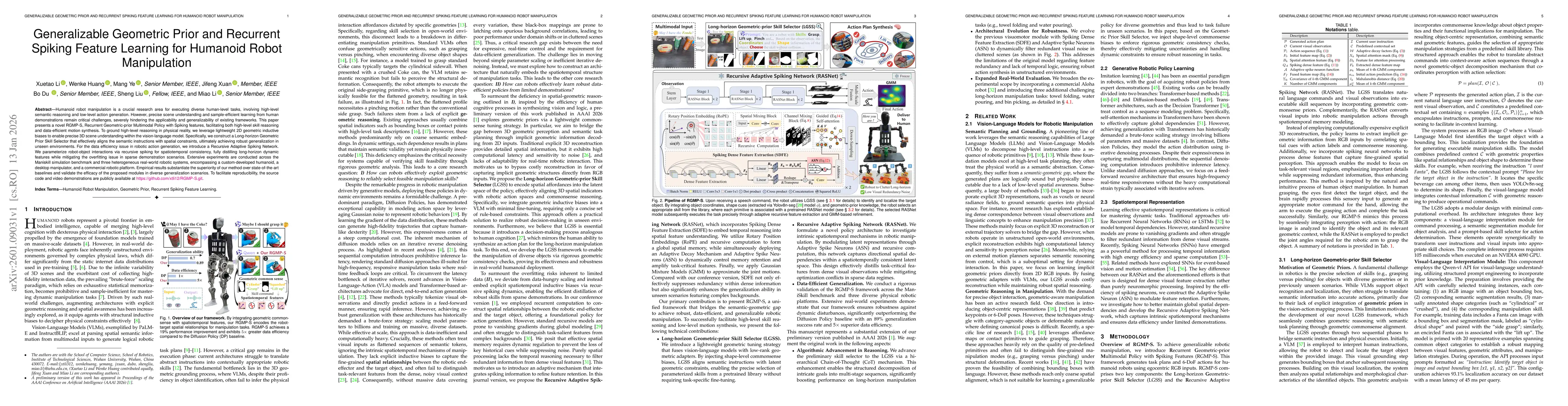 Thumbnail for Generalizable Geometric Prior and Recurrent Spiking Feature Learning for Humanoid Robot Manipulation