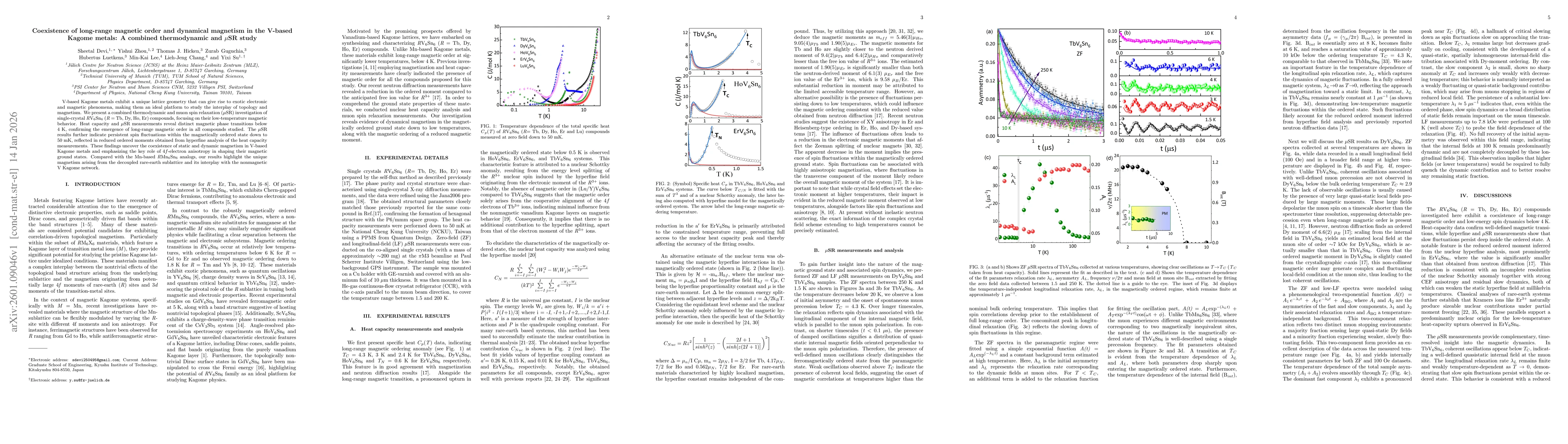 Thumbnail for Coexistence of long-range magnetic order and dynamical magnetism in the V-based Kagome metals: A combined thermodynamic and $μ$SR study