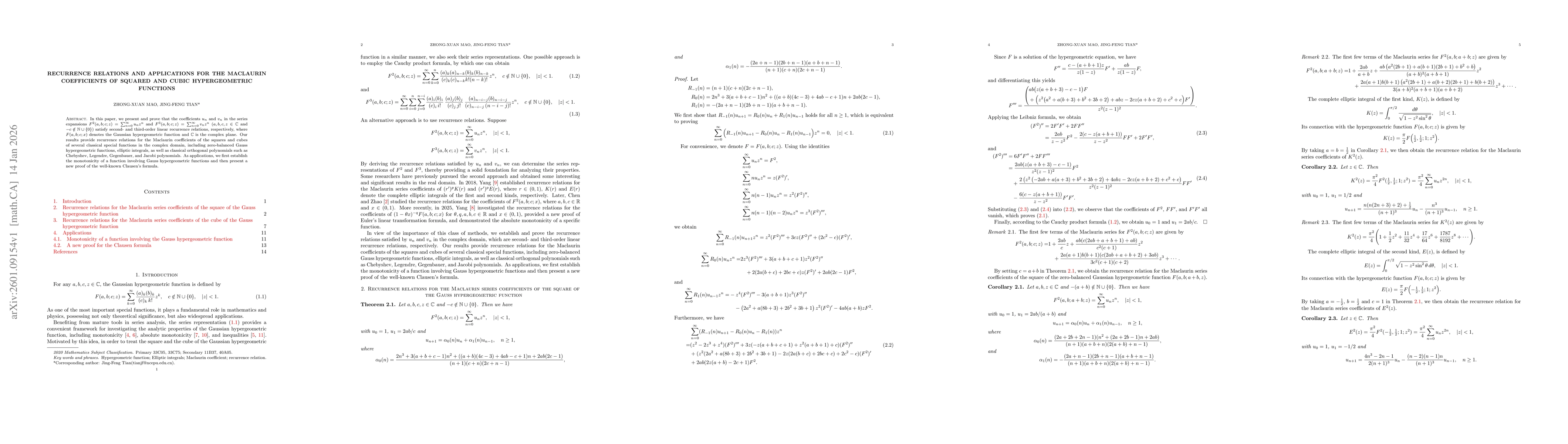 Thumbnail for Recurrence relations and applications for the Maclaurin coefficients of squared and cubic hypergeometric functions