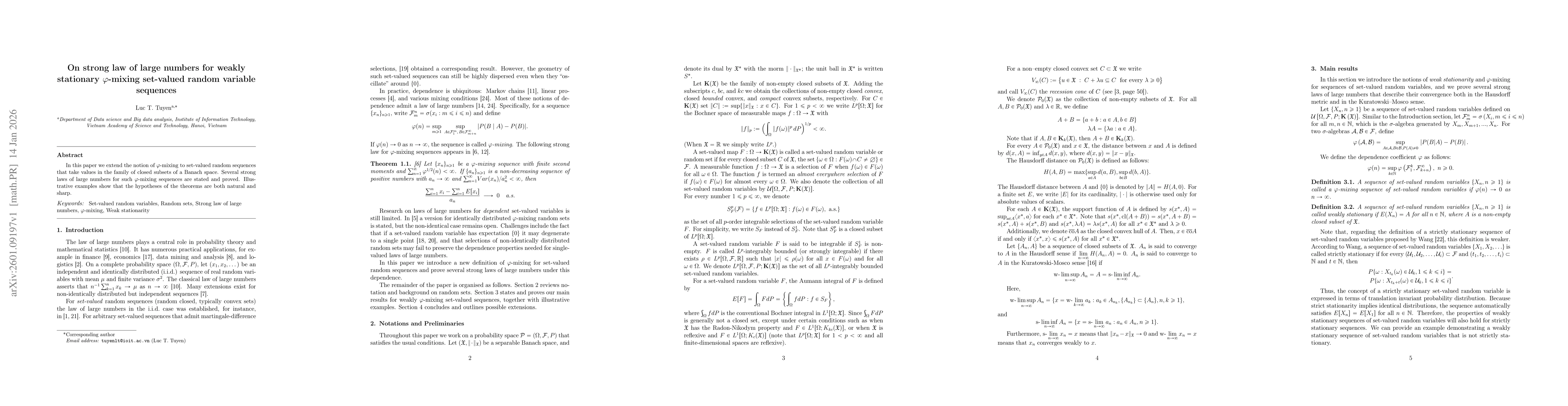 Thumbnail for On strong law of large numbers for weakly stationary $\varphi$-mixing set-valued random variable sequences