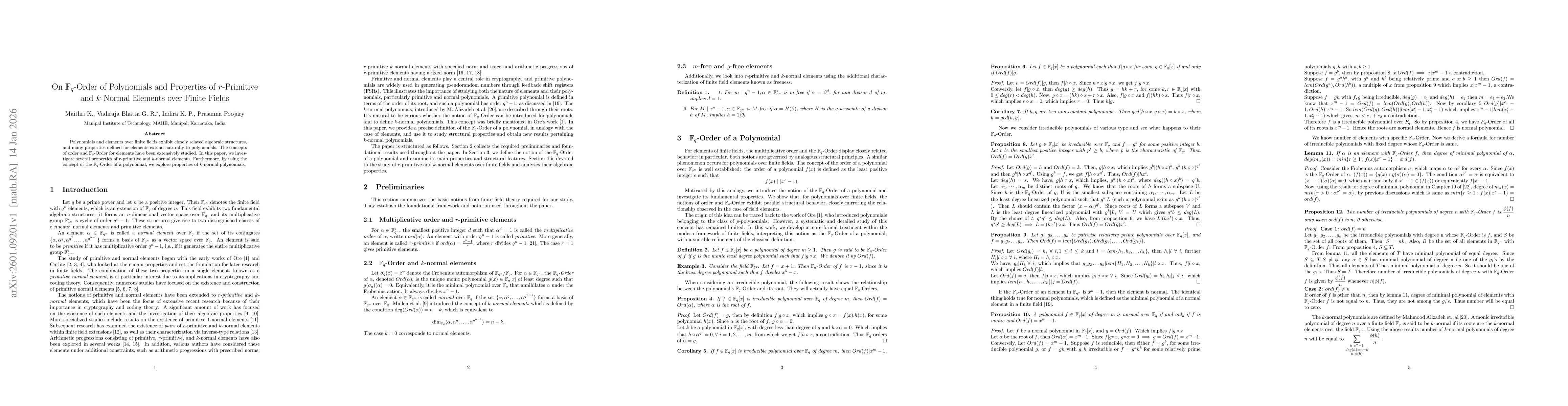 Thumbnail for On \(\mathbb{F}_q\)-Order of Polynomials and Properties of \(r\)-Primitive and \(k\)-Normal Elements over Finite Fields