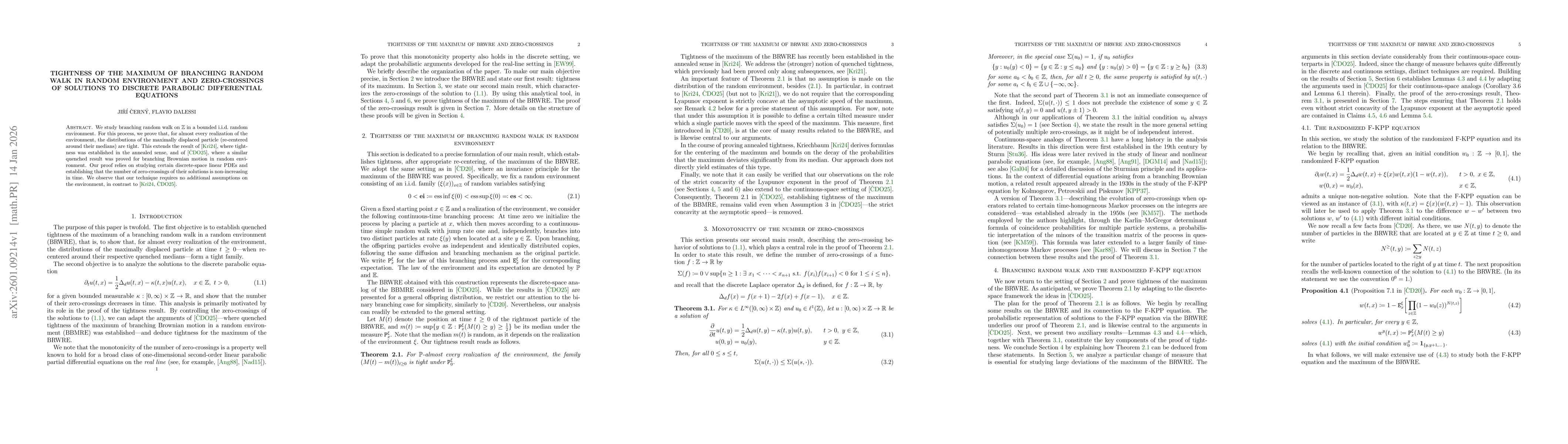 Thumbnail for Tightness of the maximum of branching random walk in random environment and zero-crossings of solutions to discrete parabolic differential equations