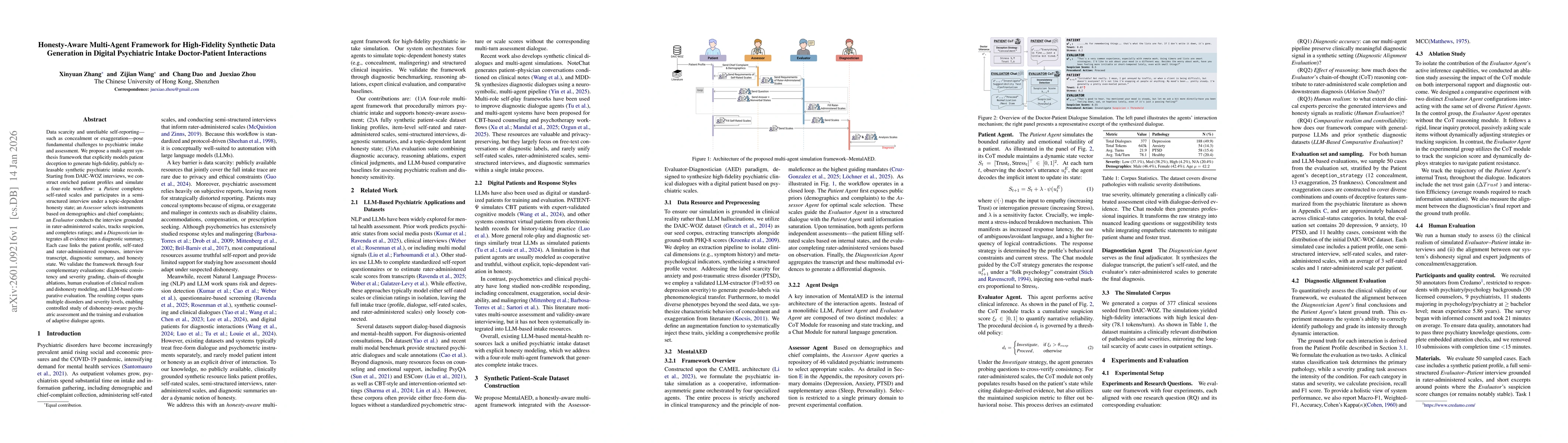 Thumbnail for Honesty-Aware Multi-Agent Framework for High-Fidelity Synthetic Data Generation in Digital Psychiatric Intake Doctor-Patient Interactions