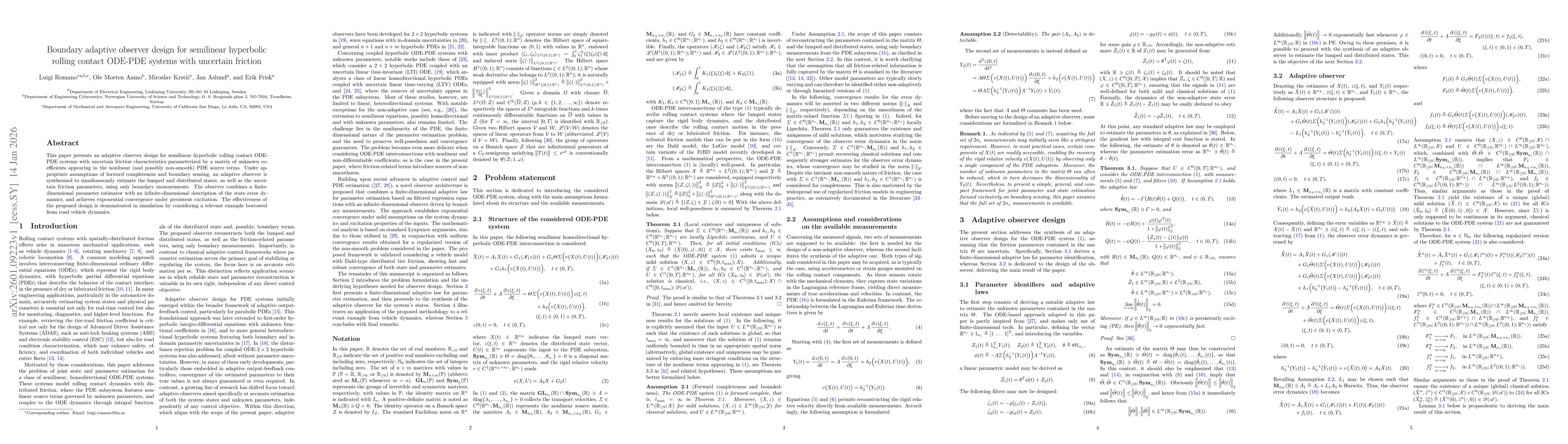 Thumbnail for Boundary adaptive observer design for semilinear hyperbolic rolling contact ODE-PDE systems with uncertain friction