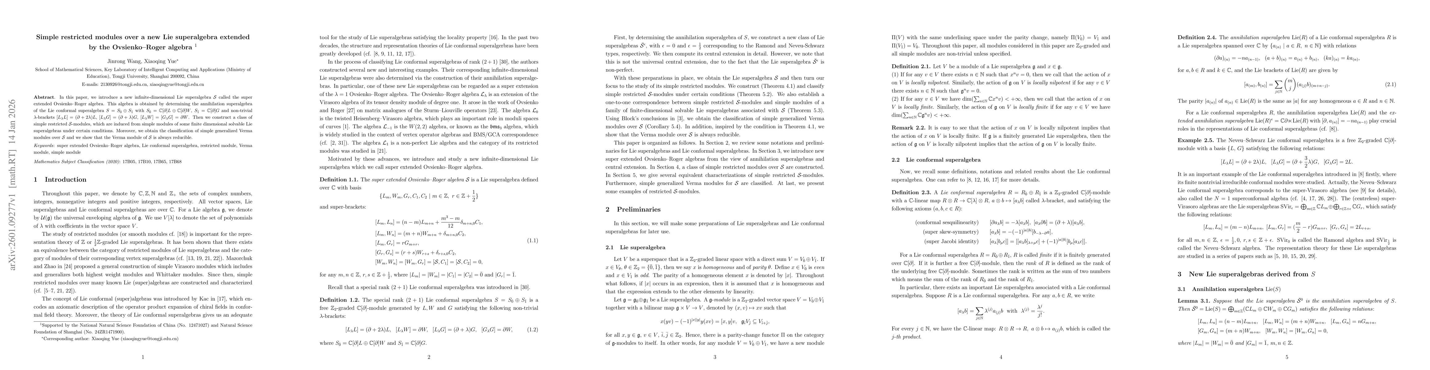 Thumbnail for Simple restricted modules over a new Lie superalgebra extended by the Ovsienko--Roger algebra