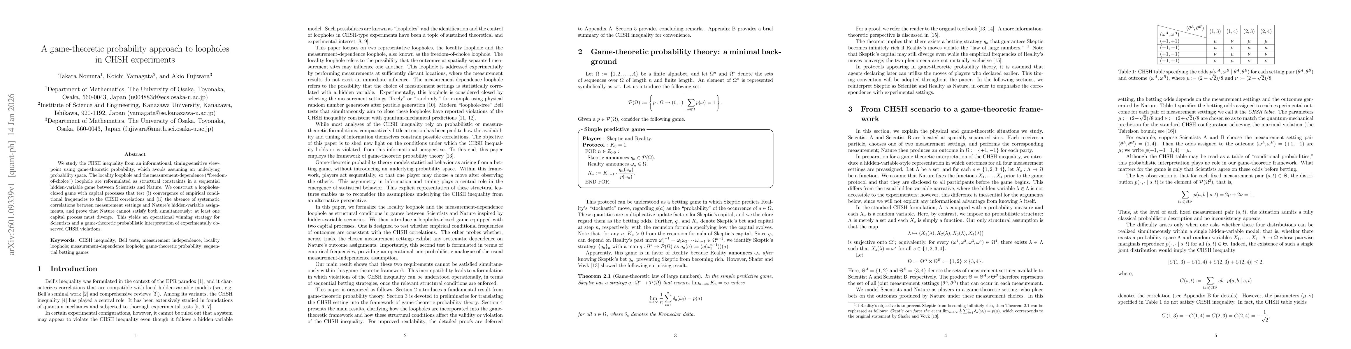 Thumbnail for A game-theoretic probability approach to loopholes in CHSH experiments