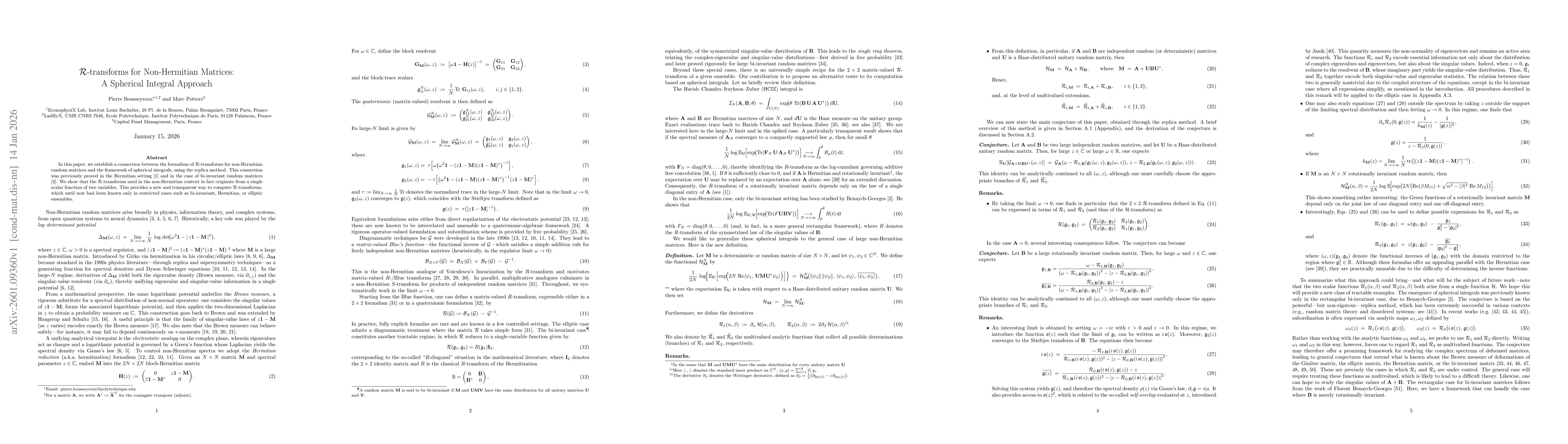 Thumbnail for $\mathcal{R}$-transforms for Non-Hermitian Matrices: A Spherical Integral Approach