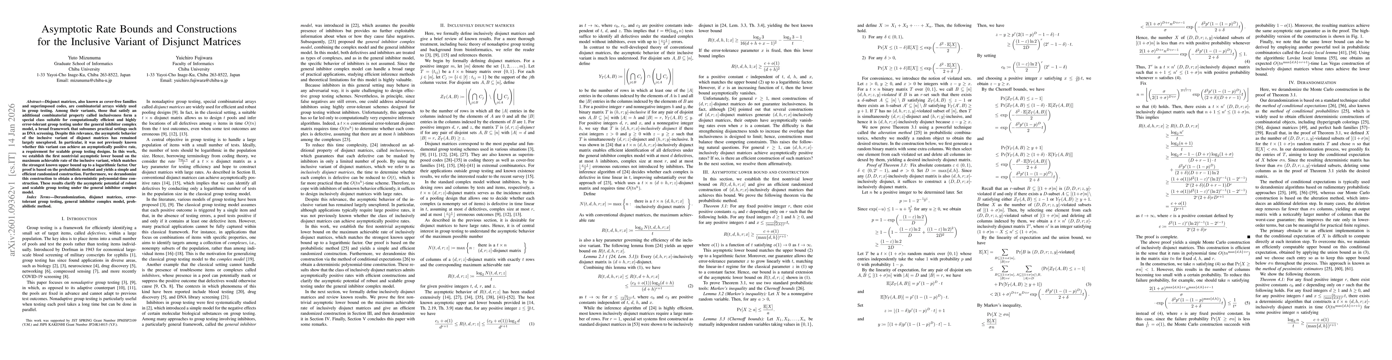 Thumbnail for Asymptotic Rate Bounds and Constructions for the Inclusive Variant of Disjunct Matrices