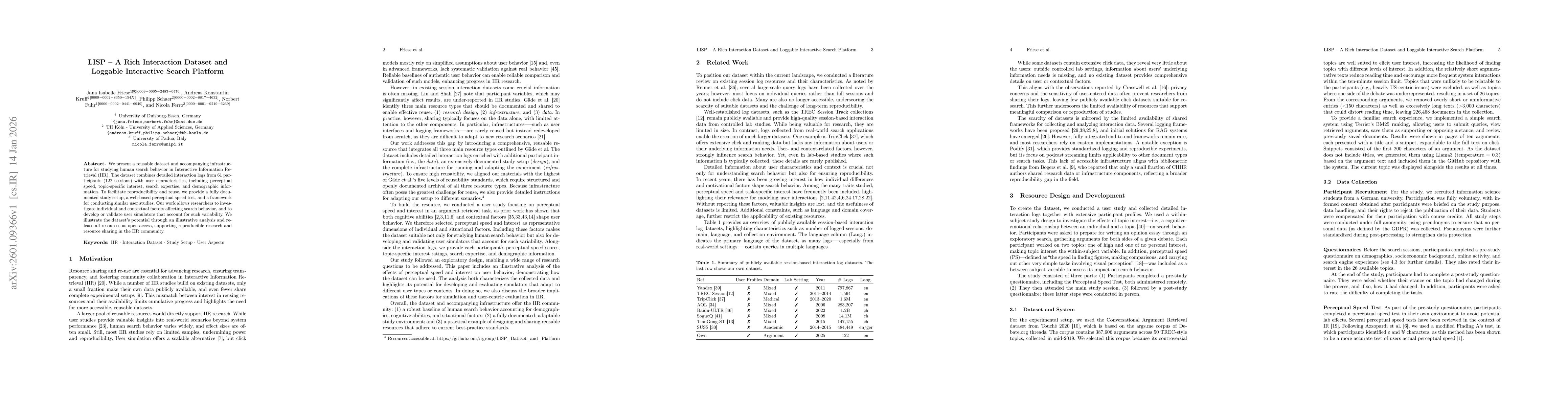 Thumbnail for LISP -- A Rich Interaction Dataset and Loggable Interactive Search Platform