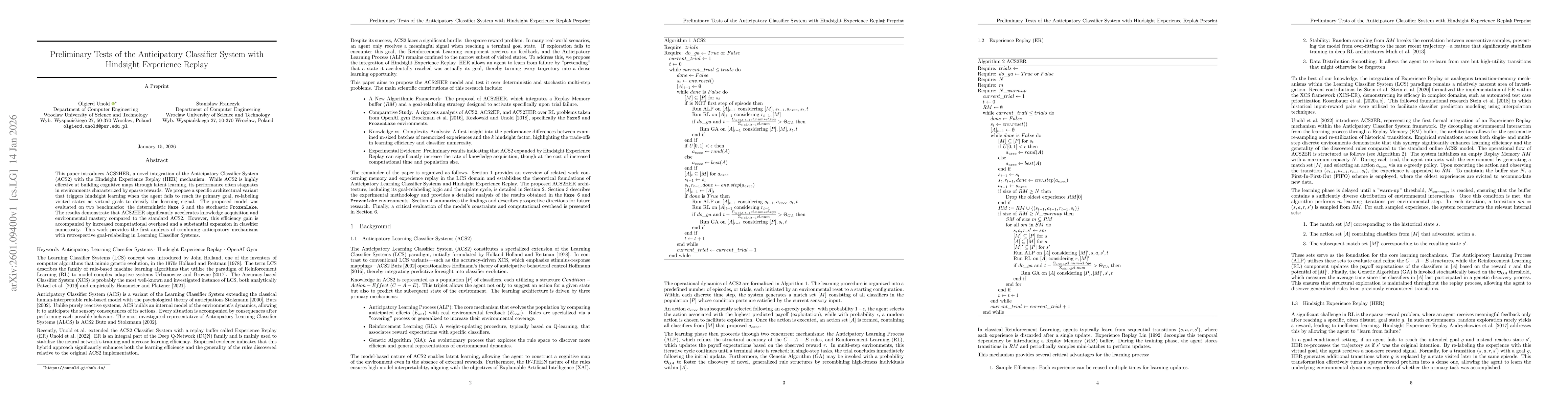 Thumbnail for Preliminary Tests of the Anticipatory Classifier System with Hindsight Experience Replay