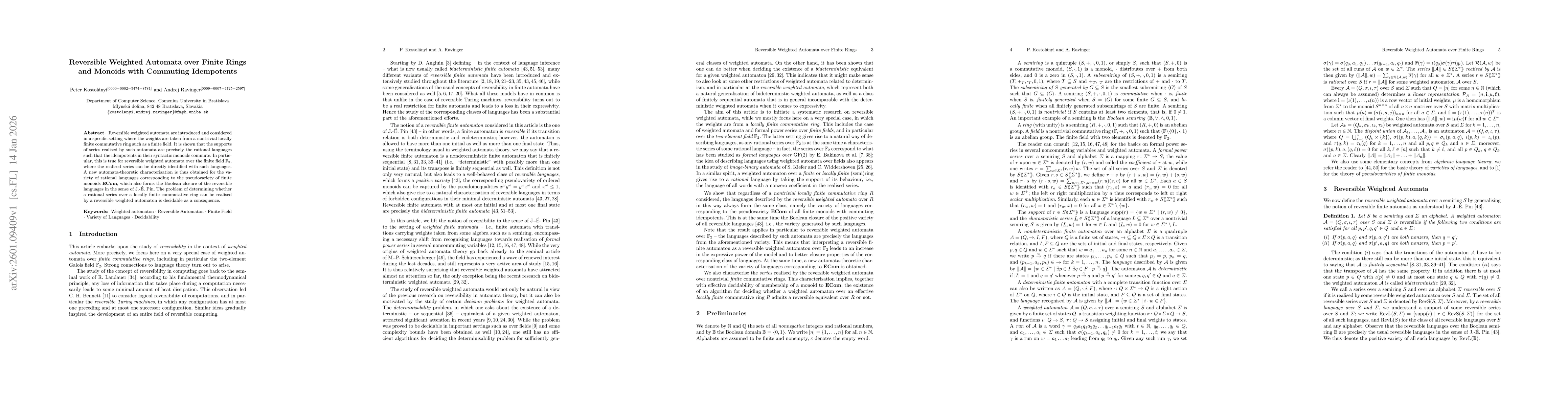 Thumbnail for Reversible Weighted Automata over Finite Rings and Monoids with Commuting Idempotents