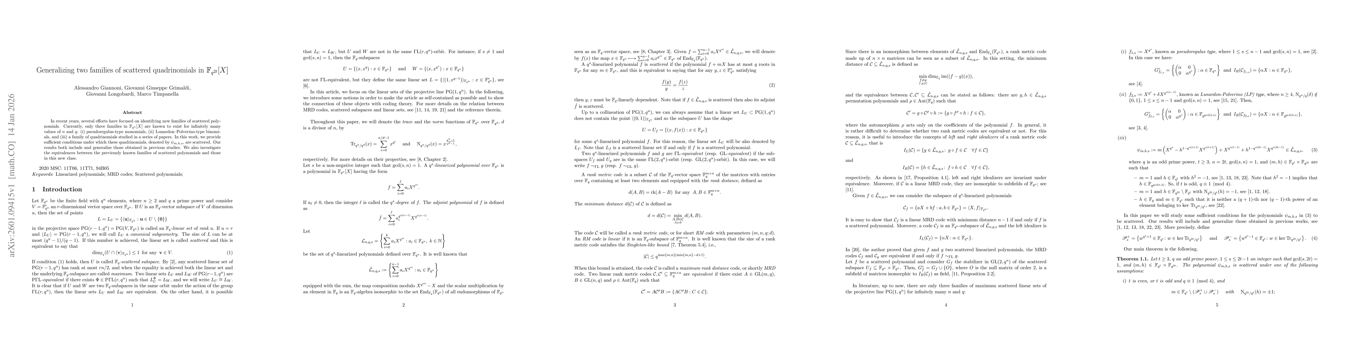 Thumbnail for Generalizing two families of scattered quadrinomials in $\mathbb{F}_{q^{2t}}[X]$