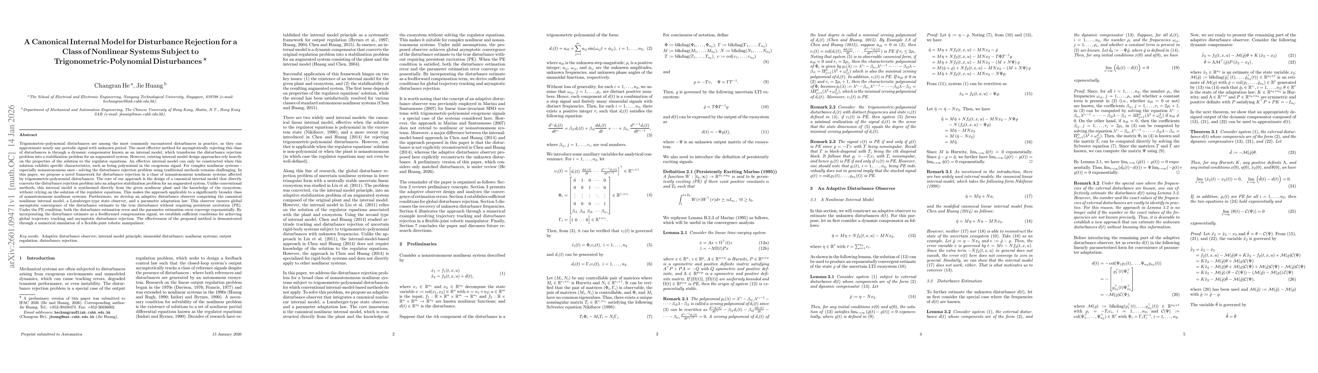 Thumbnail for A Canonical Internal Model for Disturbance Rejection for a Class of Nonlinear Systems Subject to Trigonometric-Polynomial Disturbances
