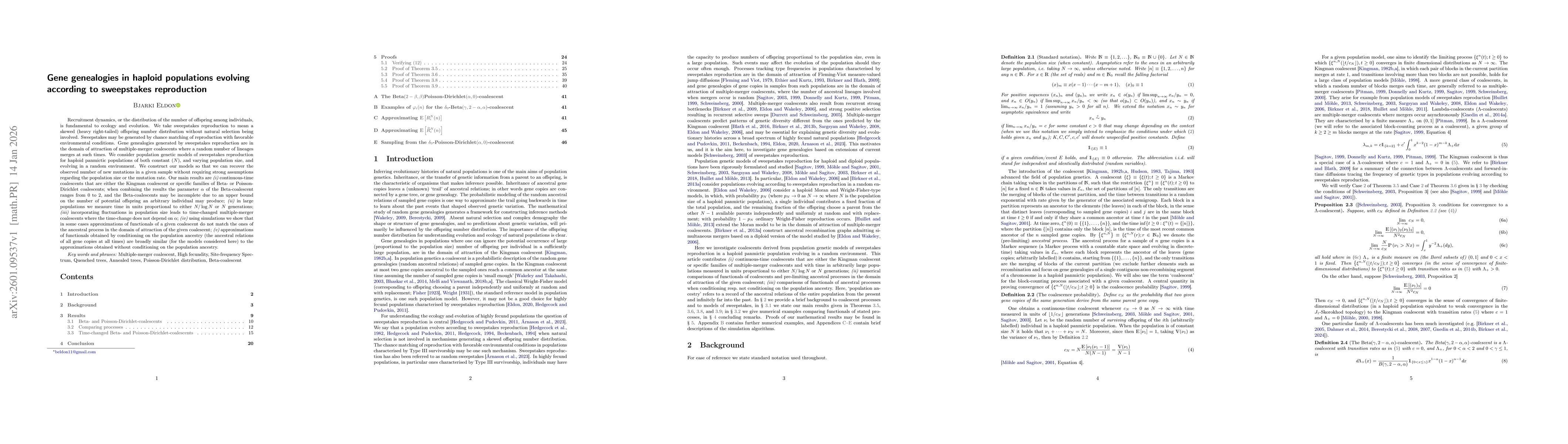 Thumbnail for Gene genealogies in haploid populations evolving according to sweepstakes reproduction