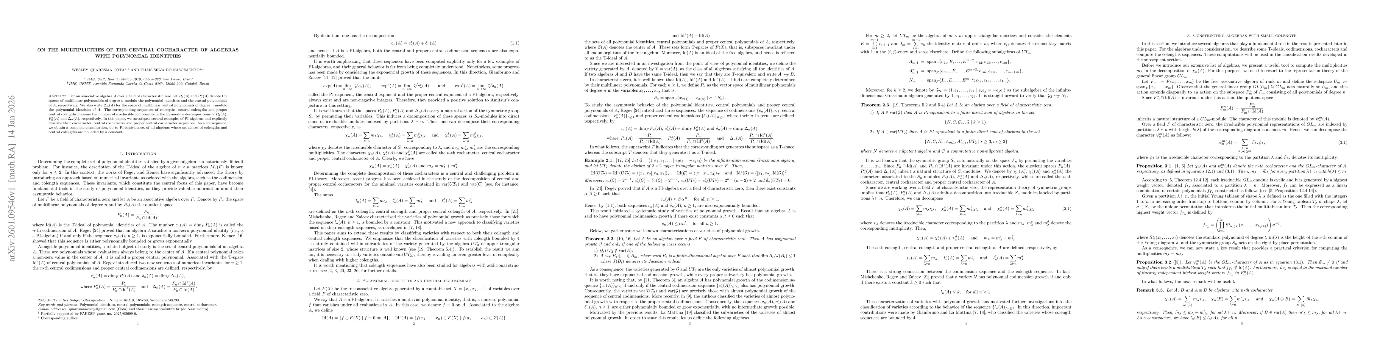 Thumbnail for On the multiplicities of the central cocharacter of algebras with polynomial identities