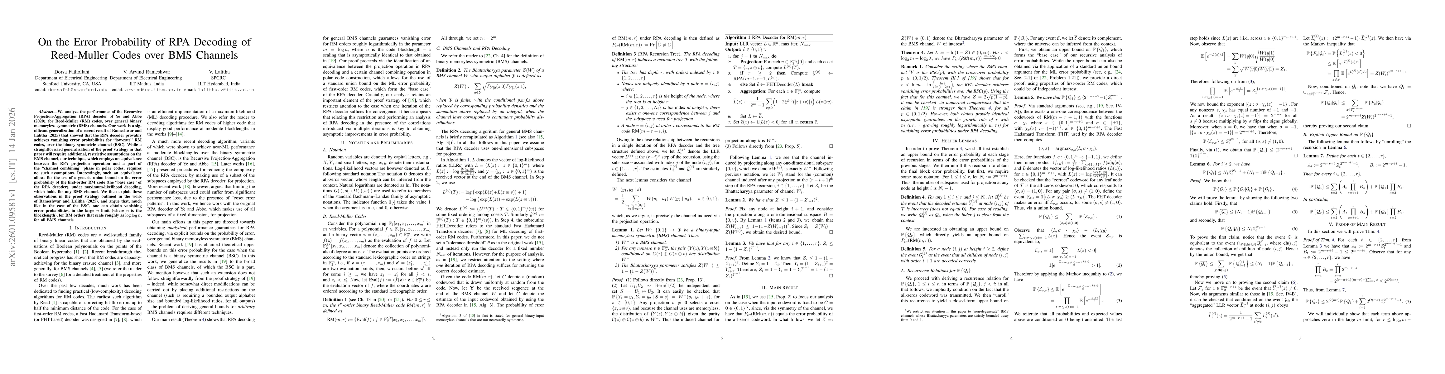 Thumbnail for On the Error Probability of RPA Decoding of Reed-Muller Codes over BMS Channels