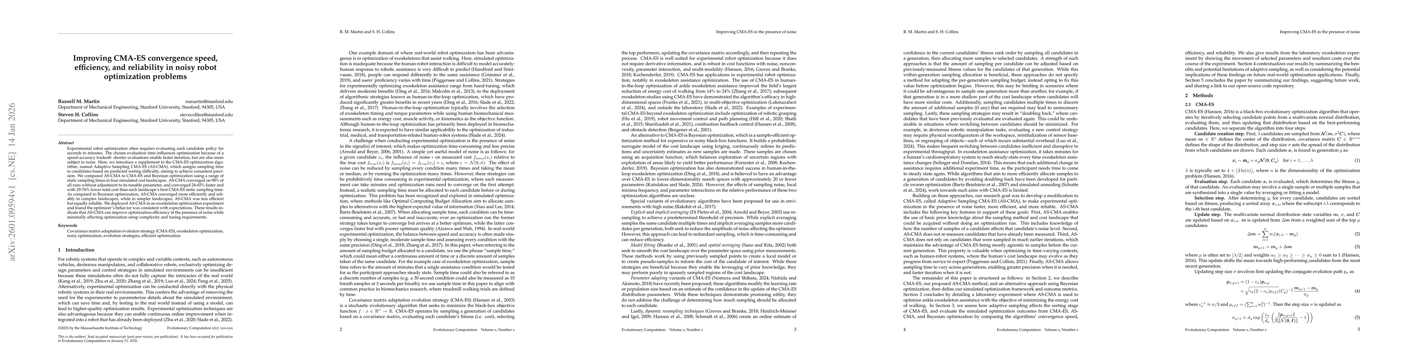 Thumbnail for Improving CMA-ES Convergence Speed, Efficiency, and Reliability in Noisy Robot Optimization Problems