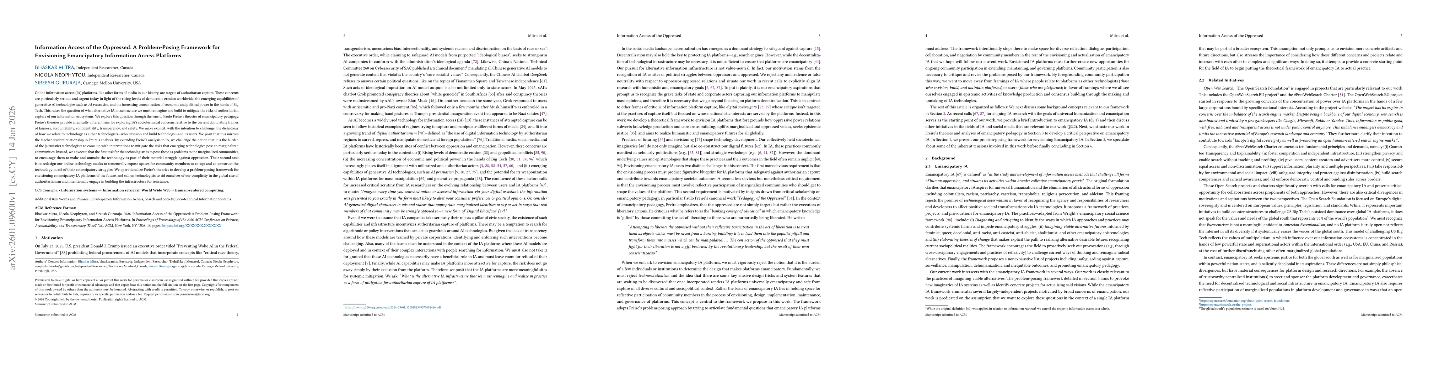 Thumbnail for Information Access of the Oppressed: A Problem-Posing Framework for Envisioning Emancipatory Information Access Platforms