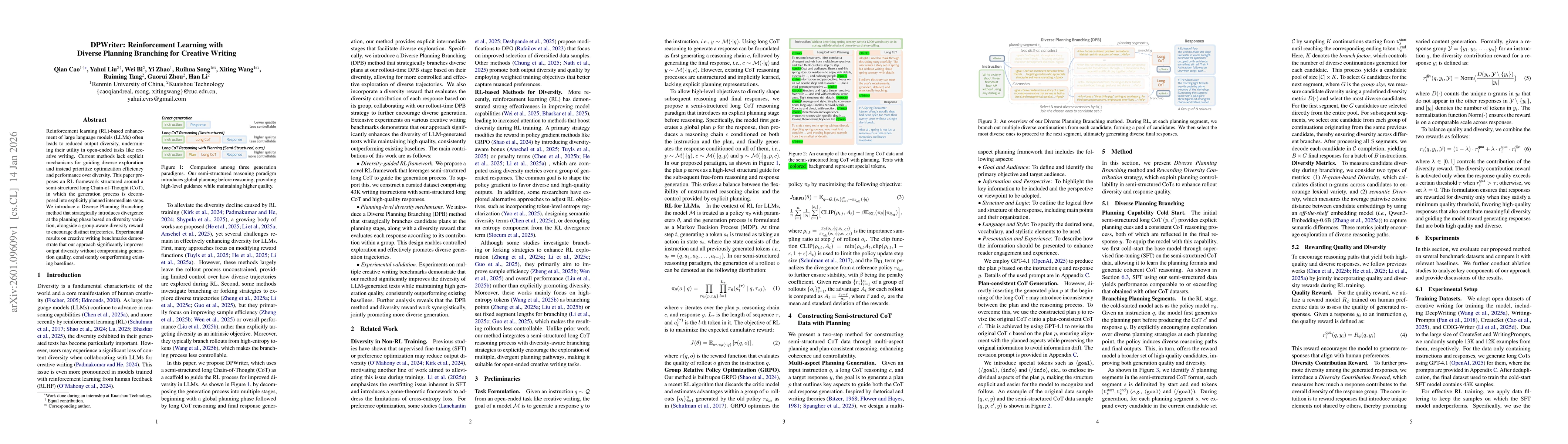 Thumbnail for DPWriter: Reinforcement Learning with Diverse Planning Branching for Creative Writing