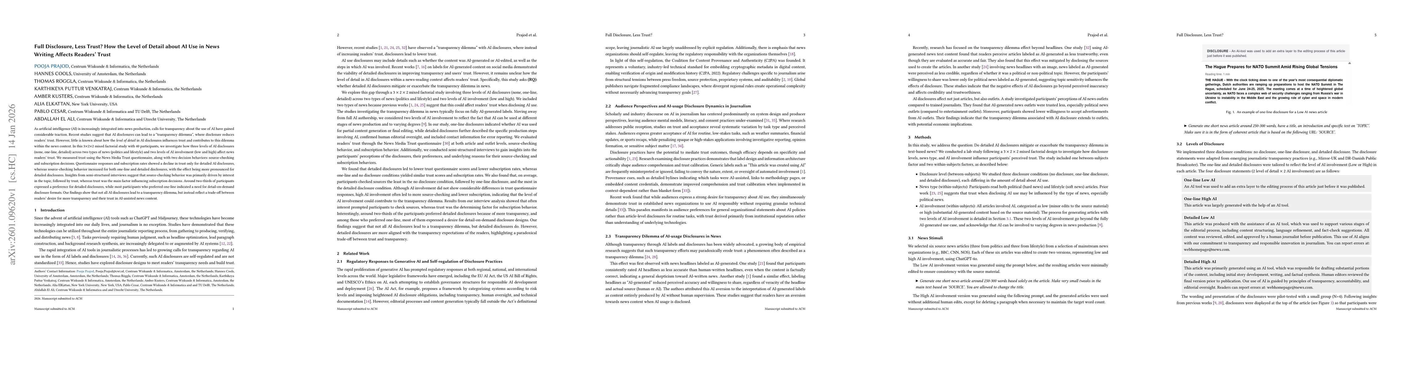 Thumbnail for Full Disclosure, Less Trust? How the Level of Detail about AI Use in News Writing Affects Readers' Trust