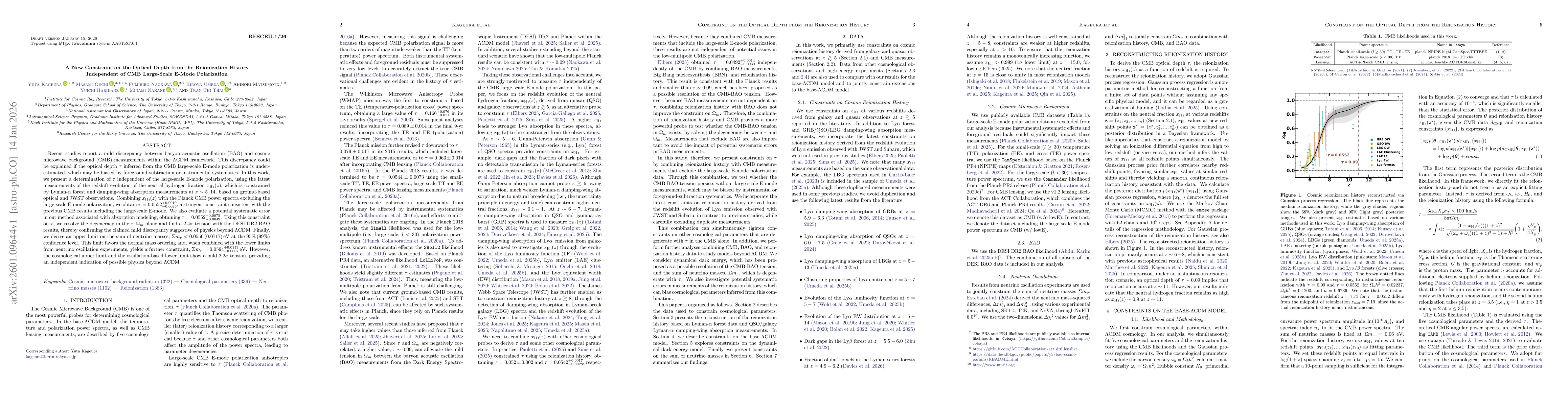 Thumbnail for A New Constraint on the Optical Depth from the Reionization History Independent of CMB Large-Scale E-Mode Polarization