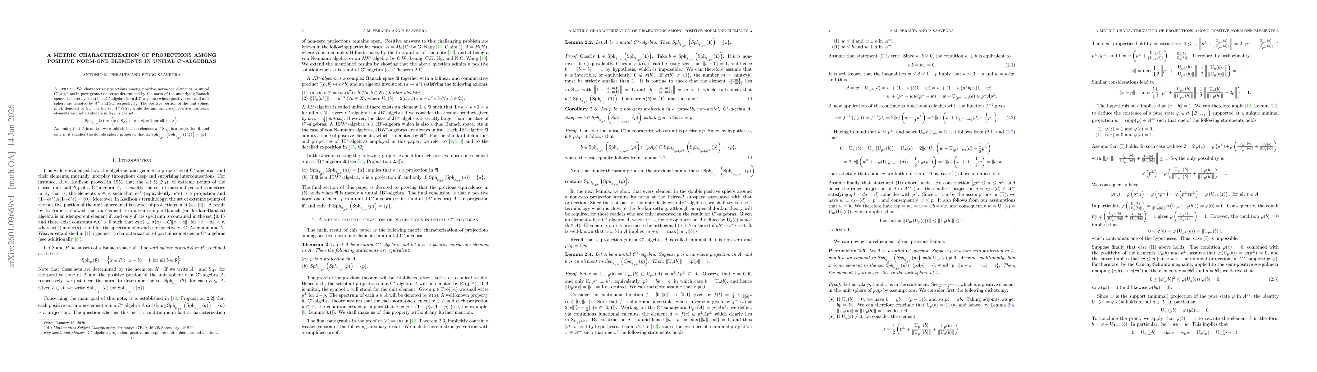 Thumbnail for A metric characterization of projections among positive norm-One elements in unital C$^*$-algebras
