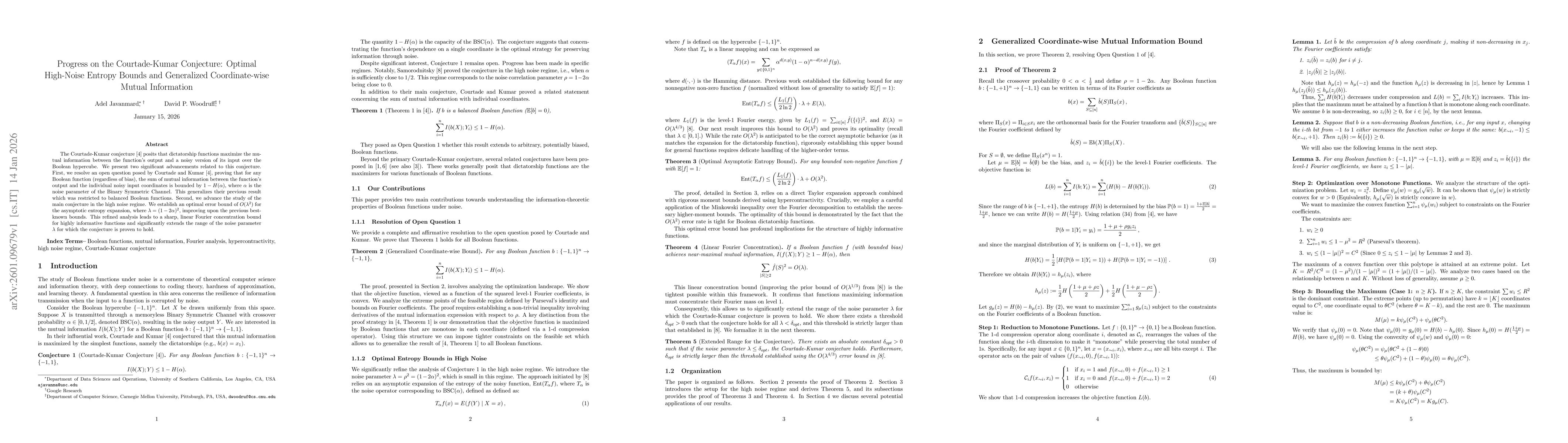 Thumbnail for Progress on the Courtade-Kumar Conjecture: Optimal High-Noise Entropy Bounds and Generalized Coordinate-wise Mutual Information
