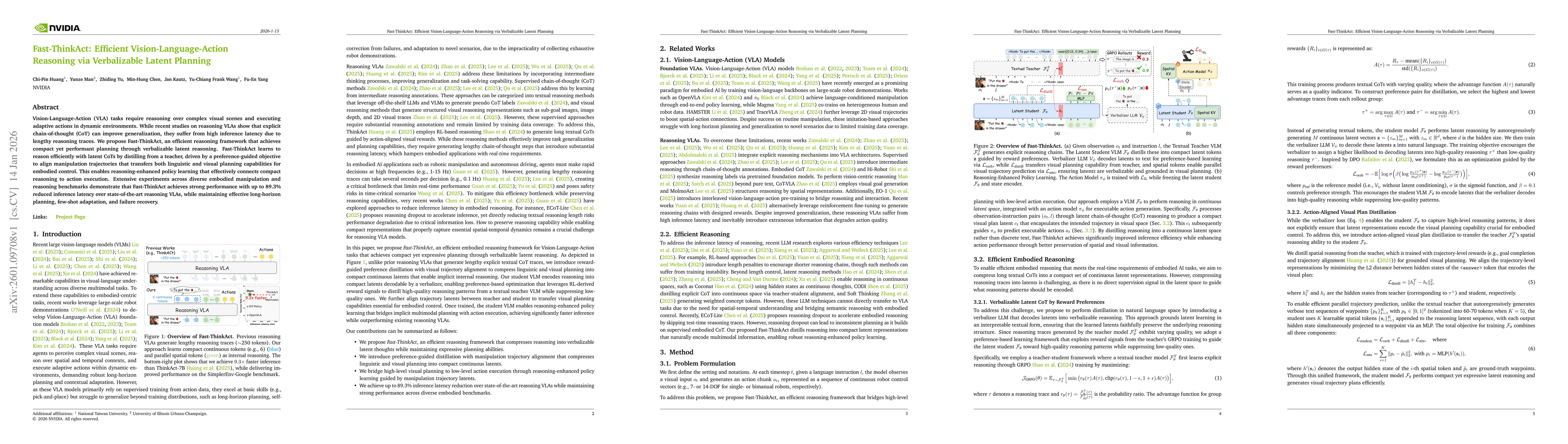 Thumbnail for Fast-ThinkAct: Efficient Vision-Language-Action Reasoning via Verbalizable Latent Planning
