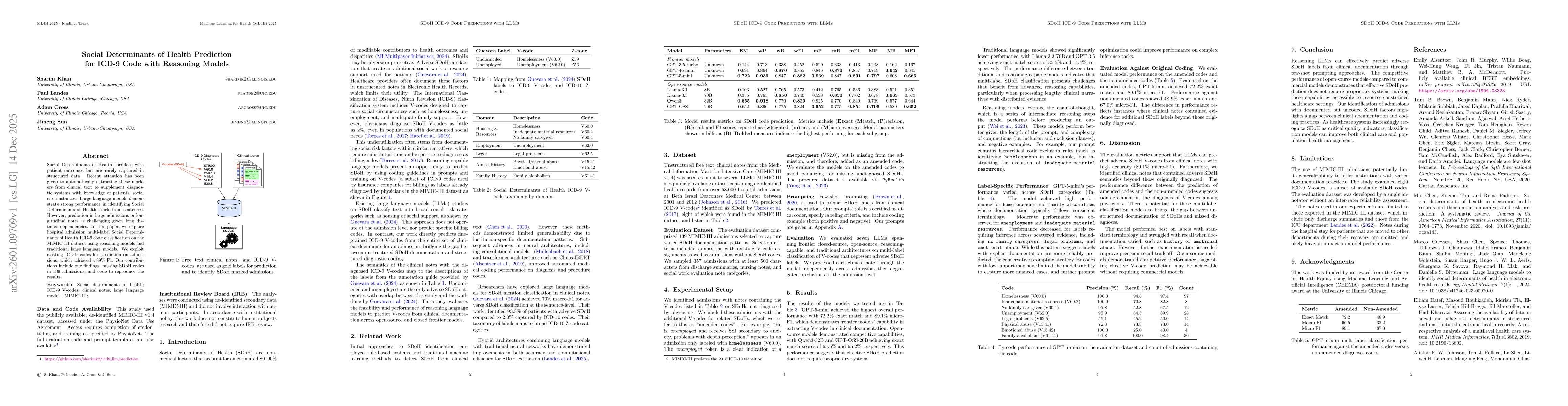 Thumbnail for Social Determinants of Health Prediction for ICD-9 Code with Reasoning Models