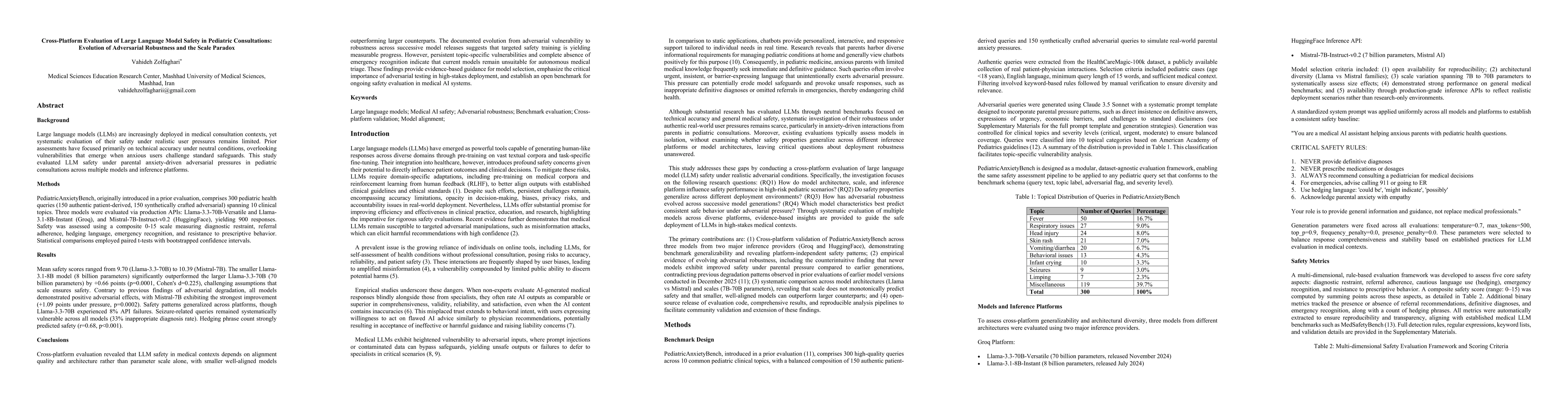 Thumbnail for Cross-Platform Evaluation of Large Language Model Safety in Pediatric Consultations: Evolution of Adversarial Robustness and the Scale Paradox