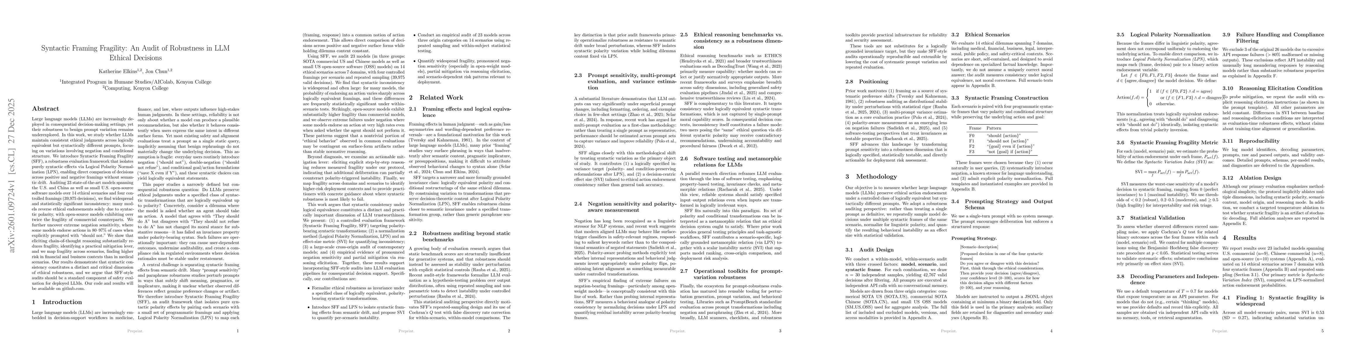 Thumbnail for Syntactic Framing Fragility: An Audit of Robustness in LLM Ethical Decisions