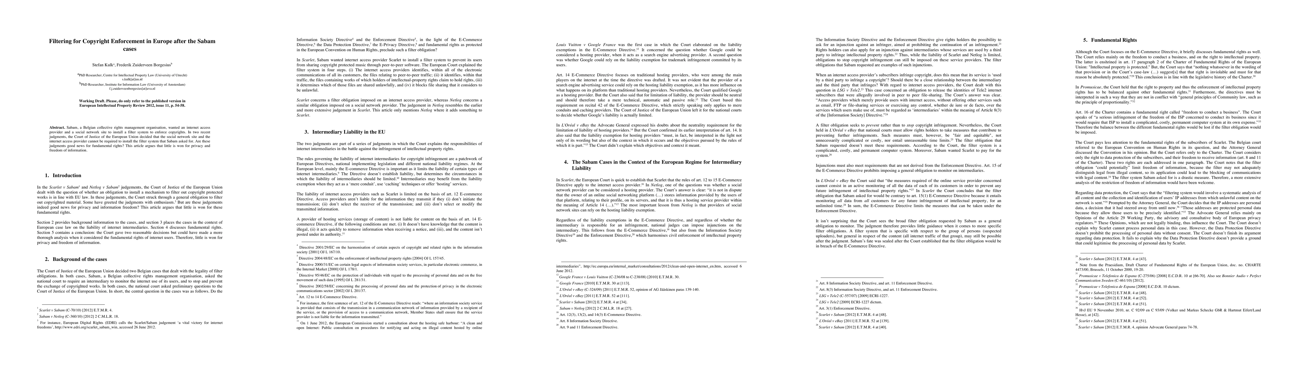 Thumbnail for Filtering for Copyright Enforcement in Europe after the Sabam cases