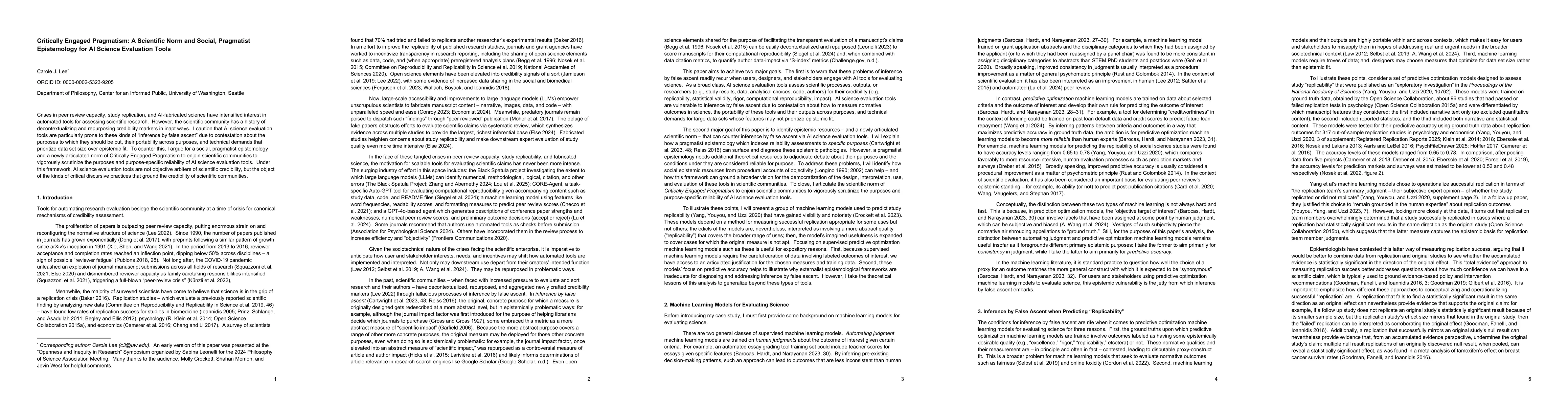 Thumbnail for Critically Engaged Pragmatism: A Scientific Norm and Social, Pragmatist Epistemology for AI Science Evaluation Tools