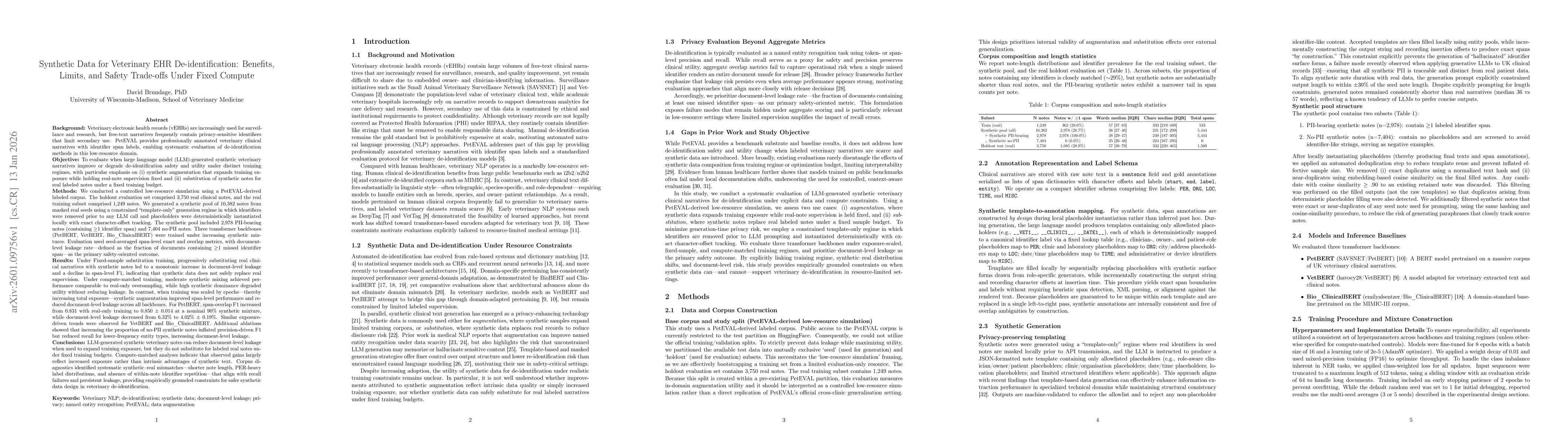 Thumbnail for Synthetic Data for Veterinary EHR De-identification: Benefits, Limits, and Safety Trade-offs Under Fixed Compute