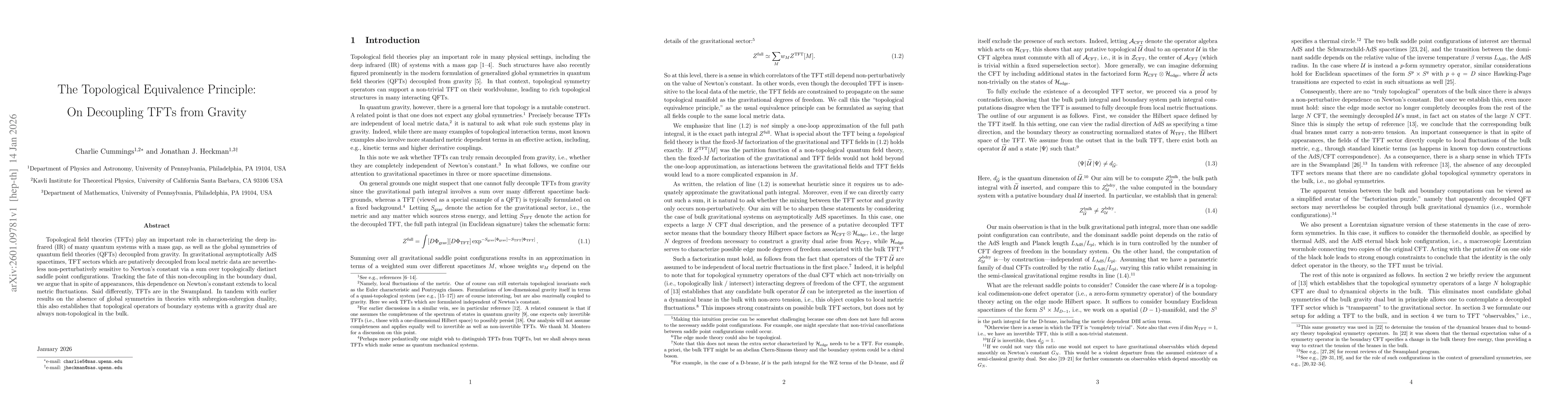 Thumbnail for The Topological Equivalence Principle: On Decoupling TFTs from Gravity
