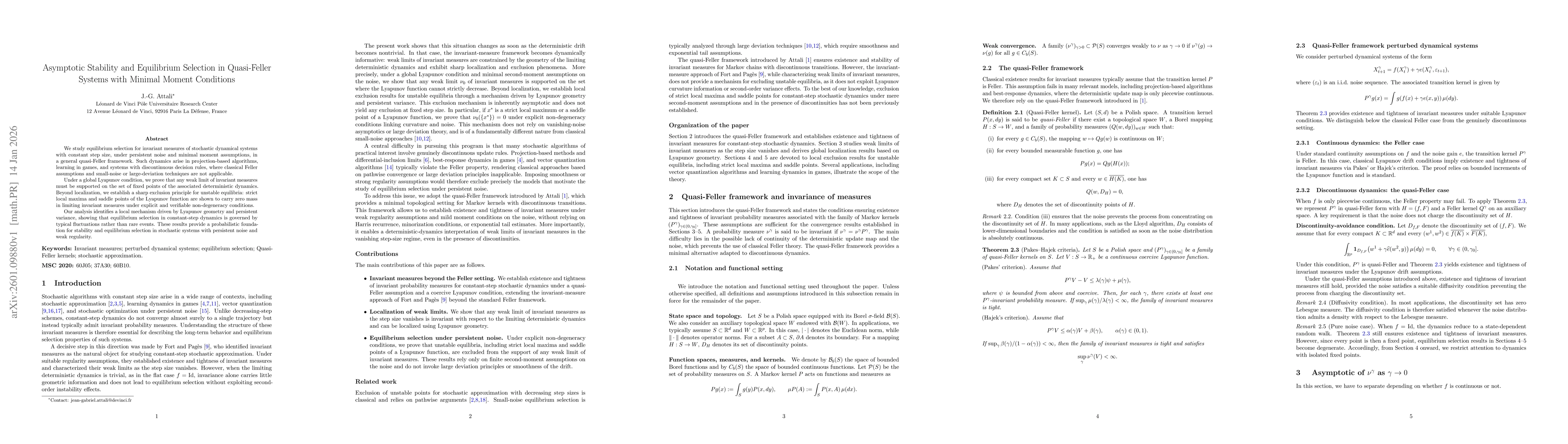 Thumbnail for Asymptotic Stability and Equilibrium Selection in Quasi-Feller Systems with Minimal Moment Conditions