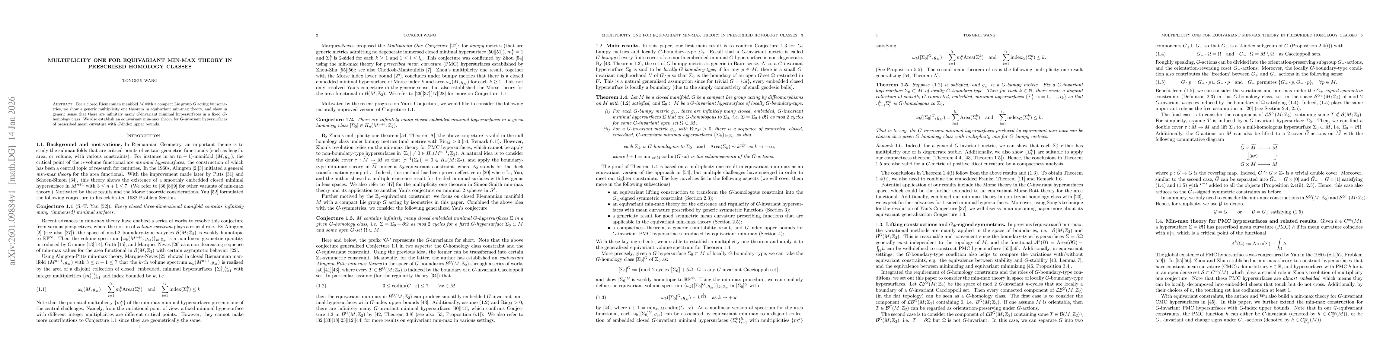 Thumbnail for Multiplicity one for equivariant min-max theory in prescribed homology classes