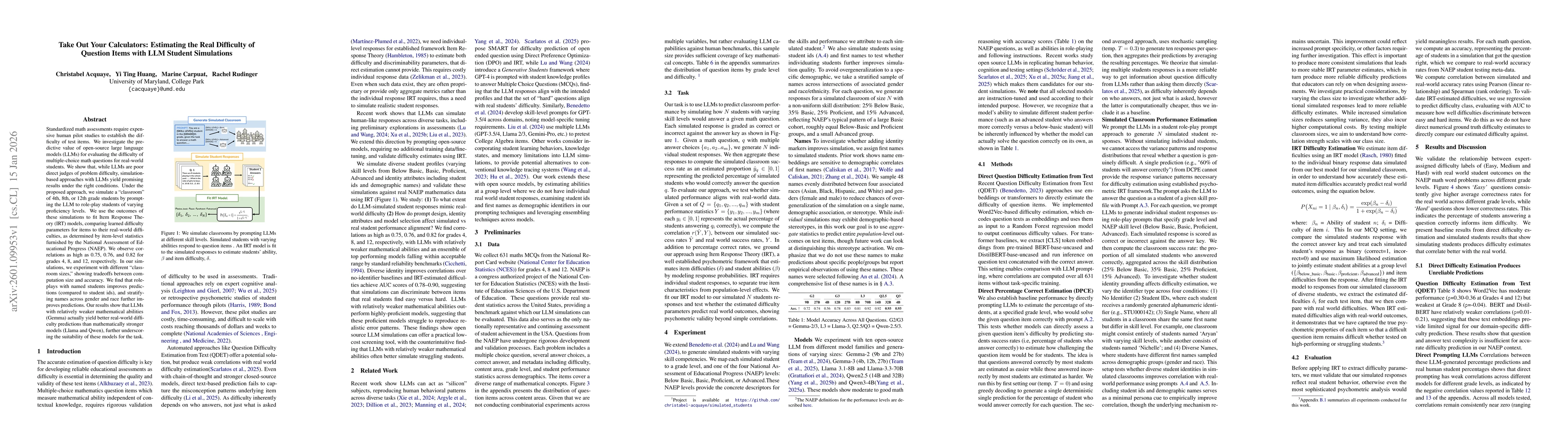 Thumbnail for Take Out Your Calculators: Estimating the Real Difficulty of Question Items with LLM Student Simulations