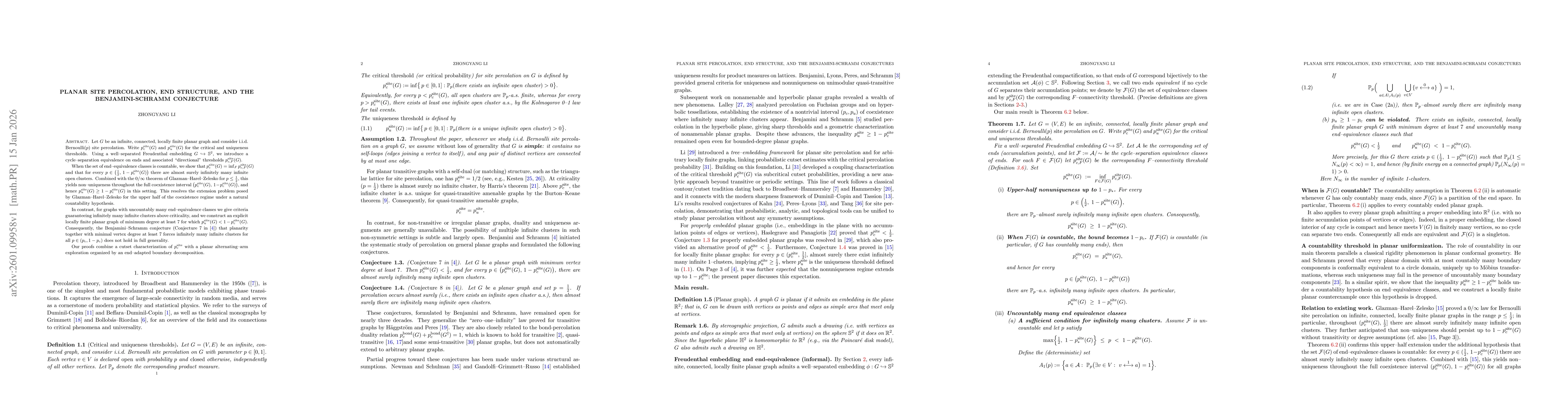 Thumbnail for Planar Site Percolation, End Structure, and the Benjamini-Schramm Conjecture