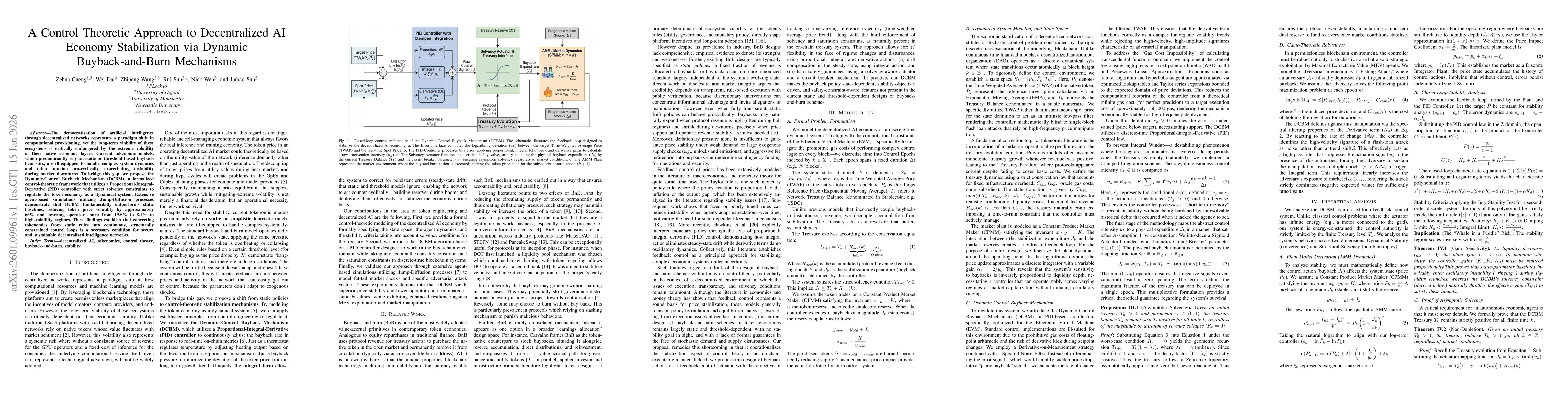 Thumbnail for A Control Theoretic Approach to Decentralized AI Economy Stabilization via Dynamic Buyback-and-Burn Mechanisms