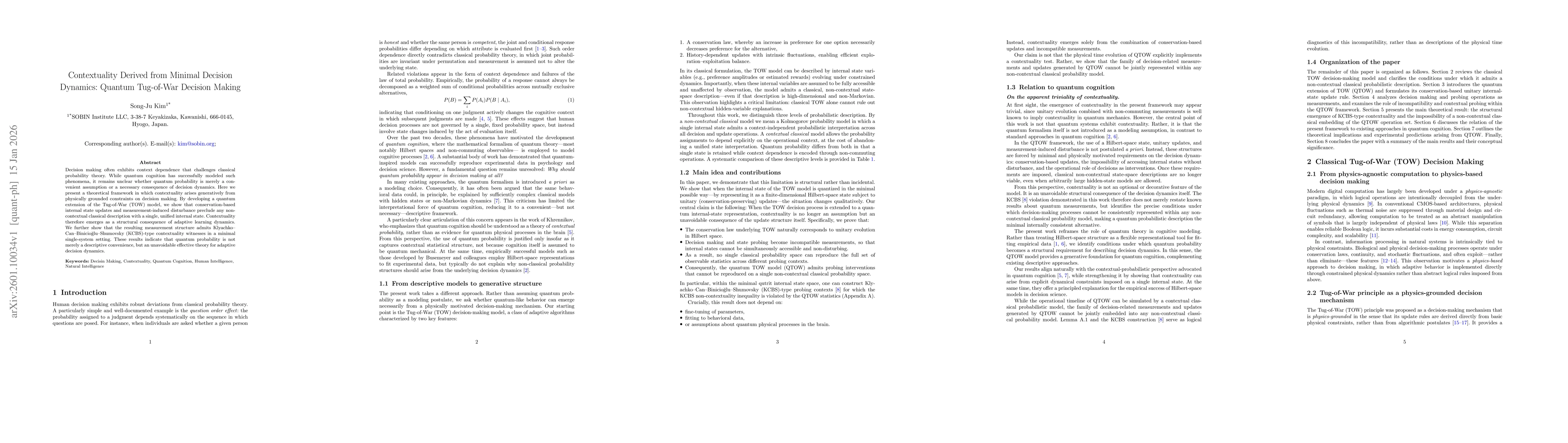 Thumbnail for Contextuality Derived from Minimal Decision Dynamics: Quantum Tug-of-War Decision Making