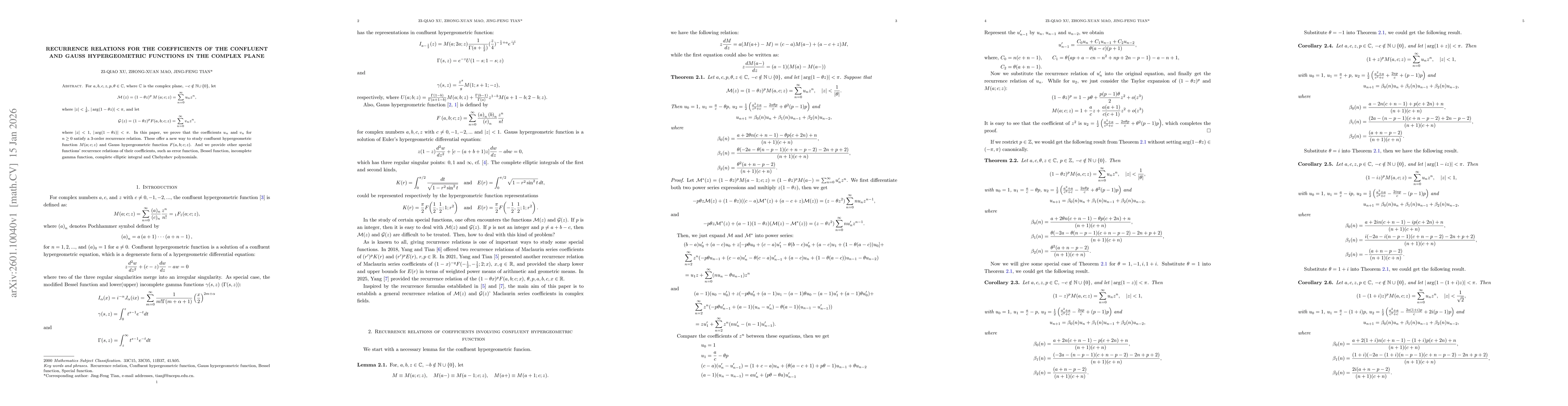 Thumbnail for Recurrence relations for the coefficients of the confluent and Gauss hypergeometric functions in the complex plane