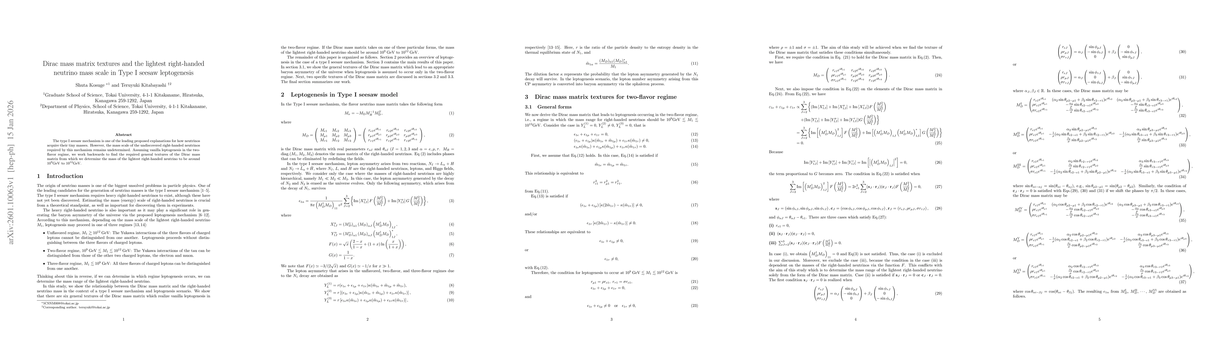 Thumbnail for Dirac mass matrix textures and the lightest right-handed neutrino mass scale in Type I seesaw leptogenesis