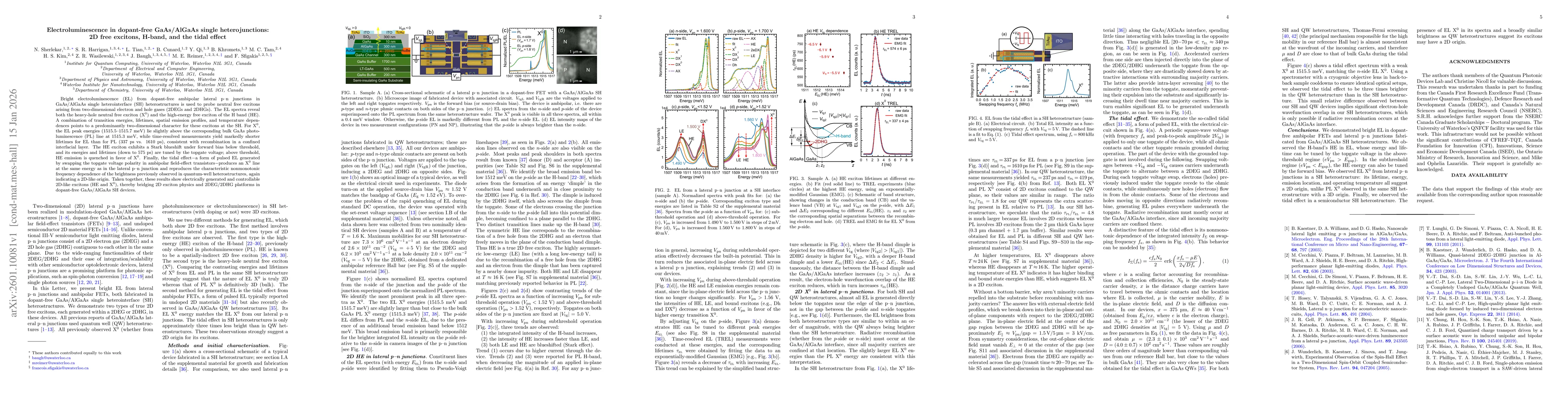 Thumbnail for Electroluminescence in dopant-free GaAs/AlGaAs single heterojunctions: 2D free excitons, H-band, and the tidal effect