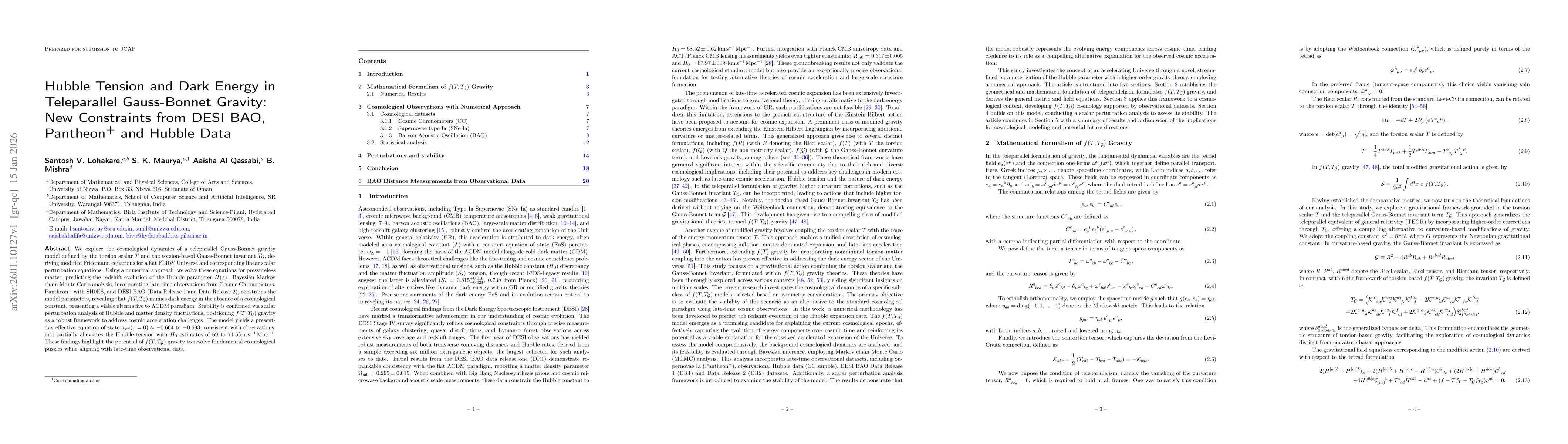 Thumbnail for Hubble Tension and Dark Energy in Teleparallel Gauss-Bonnet Gravity: New Constraints from DESI BAO, Pantheon$^+$ and Hubble Data