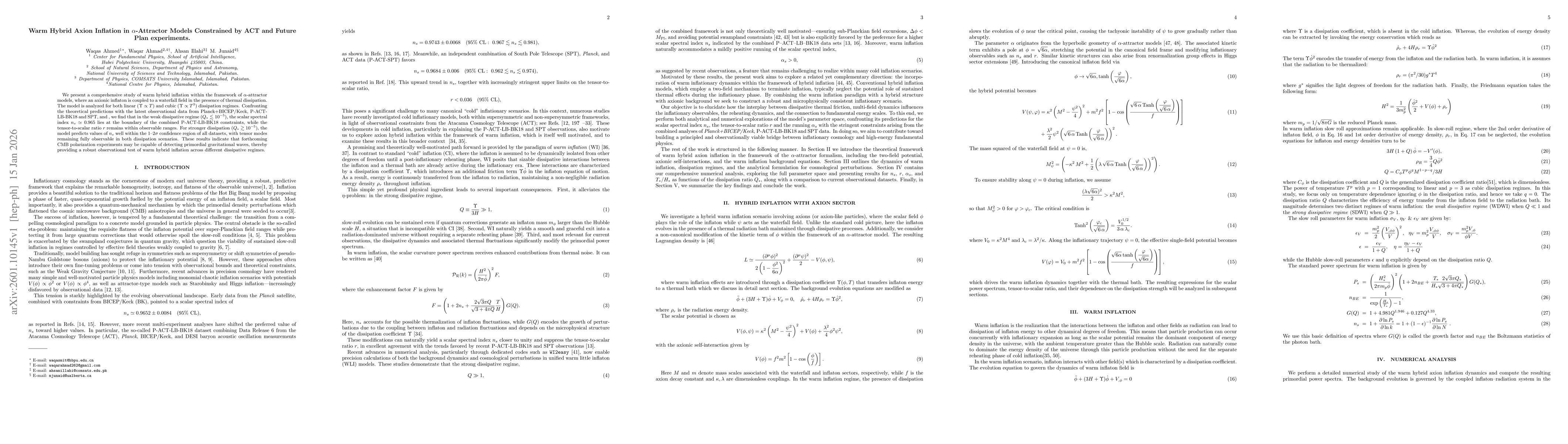 Thumbnail for Warm Hybrid Axion Inflation in $α$-Attractor Models Constrained by ACT and Future Plan experiments