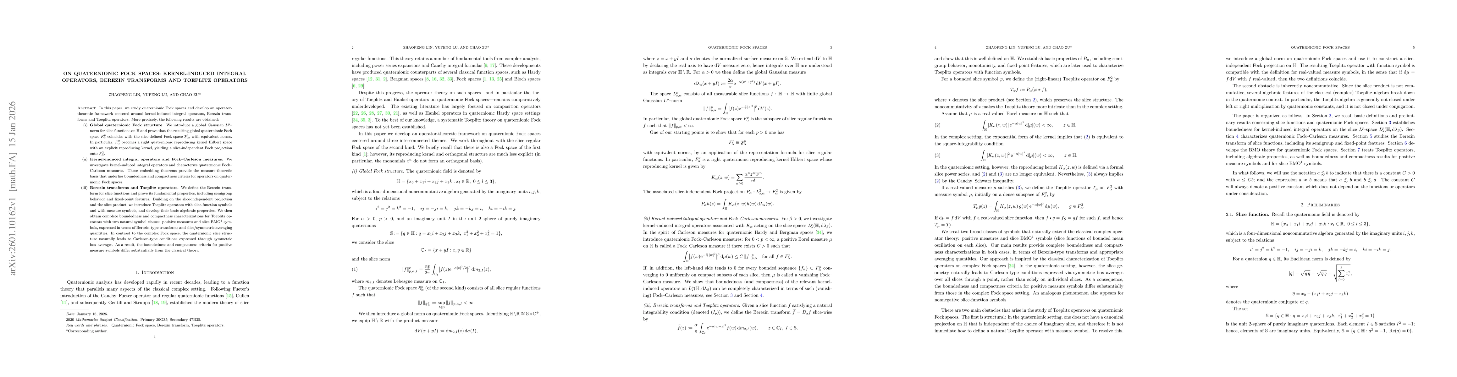 Thumbnail for On Quaternionic Fock Spaces: Kernel-induced Integral Operators, Berezin Transforms and Toeplitz Operators