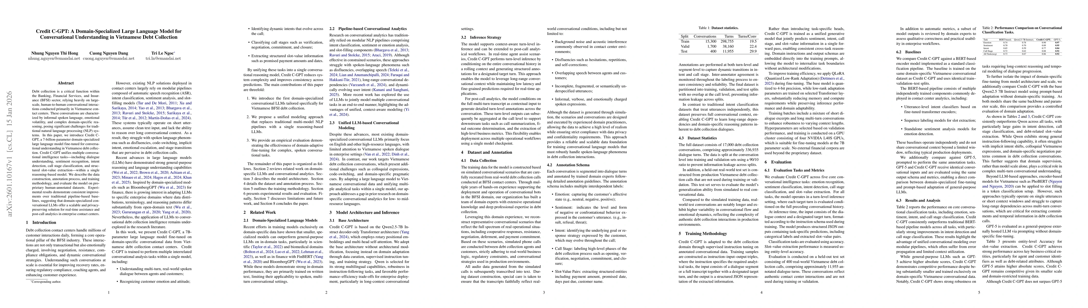 Thumbnail for Credit C-GPT: A Domain-Specialized Large Language Model for Conversational Understanding in Vietnamese Debt Collection